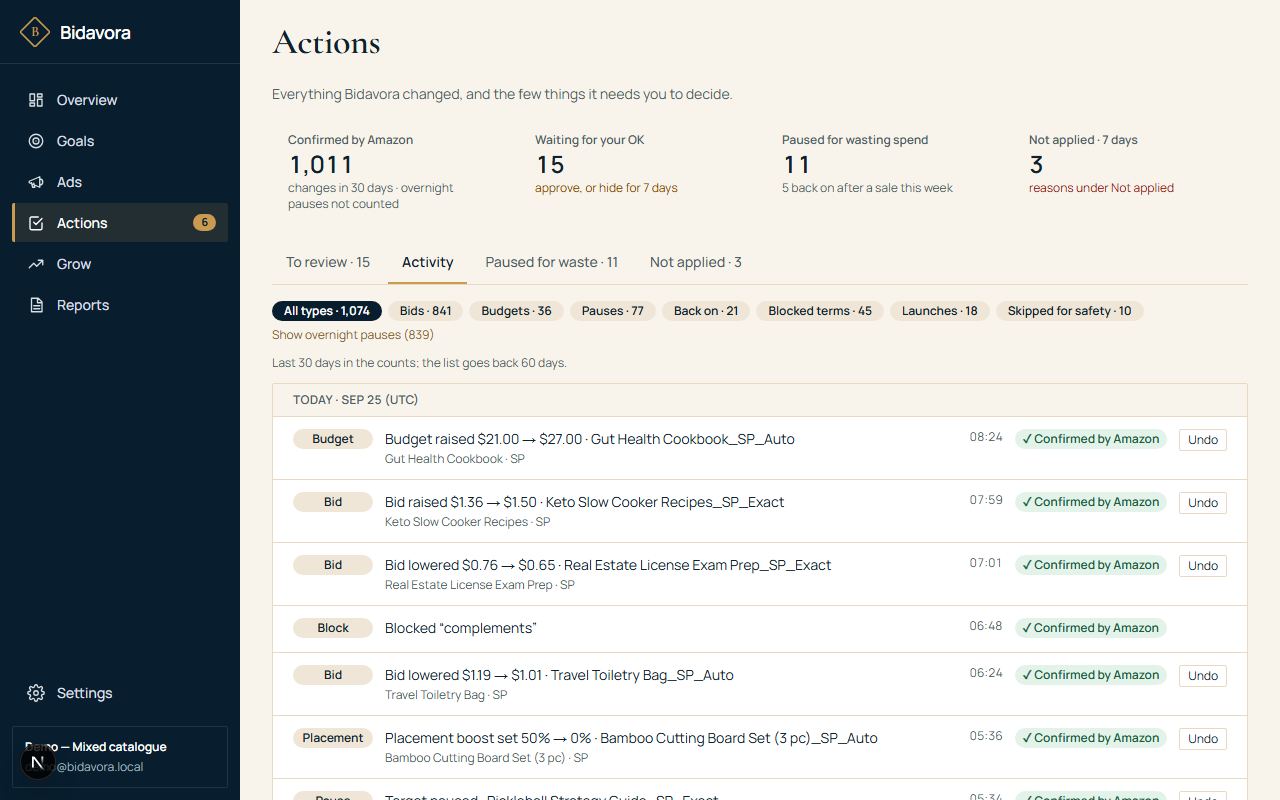 Actions › Activity: every change, confirmed by Amazon
