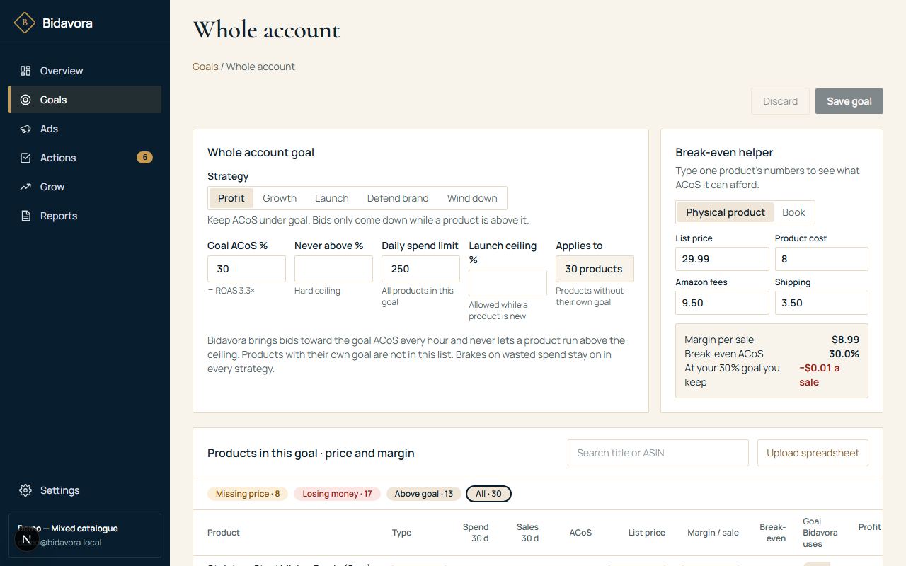 Goals: the whole-account goal and the break-even helper